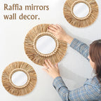 3 Pcs Boho Raffia Mirror Wall Hanging Decor 15.8 Inch 11.8 Inch Rustic Round Boho Circle Mirrors with Wood Bead Farmhouse Aesthetic Nursery Mirrors for Bedroom Living Room Bathroom Wall Decor