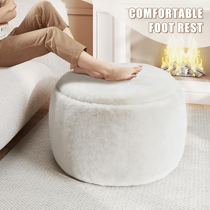 Round Pouf Ottoman Foot Rest, 29 X 18Inch Floor Poufs Footstool, A Round Modern Foam Filled Foot Stool for Living Room, Home, Nursery, Dorm (White, 29Inch)