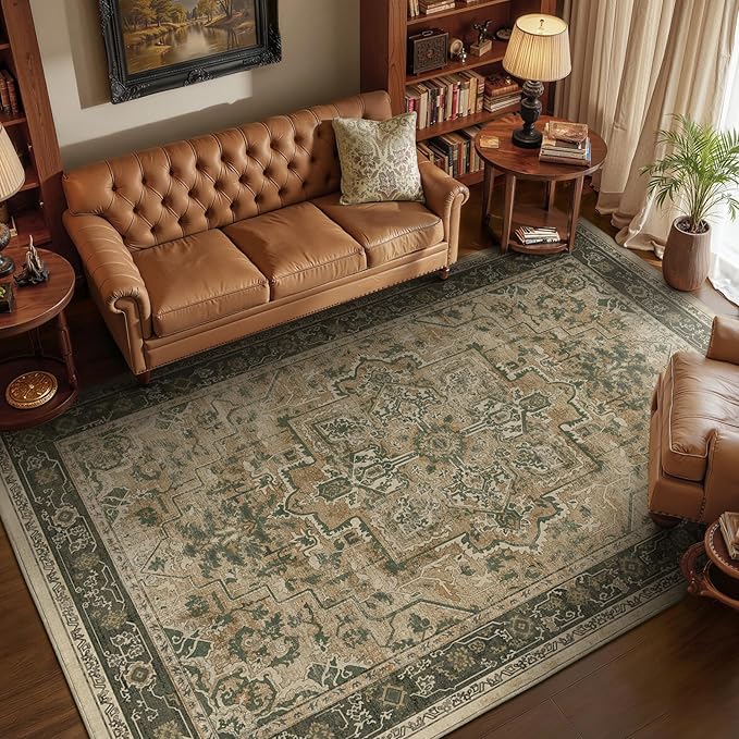 Moody 6x9 Area Rugs for Living Room, Low Pile Thin Washable Non Slip Rugs for Bedroom Dining Room, Vintage Medallion Distressed Carpet for Home Office Guest Room, Multi Brown/Green