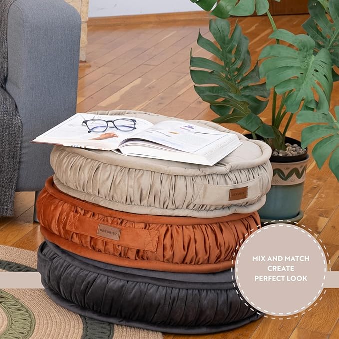 Round Floor Cushion, Floor Pillow Thick Floor Seating, Comfortable Supportive, Quilted Soft Booster Seat Pad for Yoga Meditation, Yoga Cushion, 56 cm 22 inch, Ibiza, Light Grey