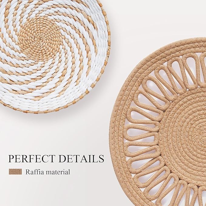 8 Pack Boho Wall Decor, 12 Inch Wall Basket Decor Round Handmade Hanging, Rattan Woven Wall Basket Decor for Living room, Rustic Flat Elegant, Farmhouse, Bedrooms, Table Settings, Kitchen Home