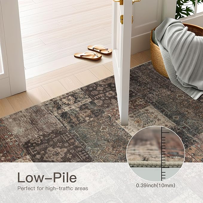 Vintage Washable Area Rug for Living Room,Low Pile 8x10 Non Slip Carpet Non-Shedding Area Rug Soft Indoor Stain Resistant Rug Floral Print Mat for Bedroom Dining Room 084-Brown