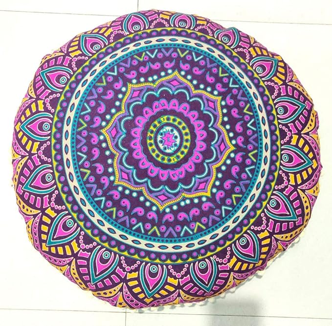 INDIAN CRAFT CASTLE New Pink Ombre 24" Mandala Barmeri Large Floor Pillow Cover Cushion Meditation Seating Ottoman Throw Cover Hippie Decorative Zipped Bohemian Pouf Ottoman Pom Pom Cases 24" Round