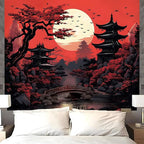 Atrippy Extra Large Anime Wall Tapestry for Bedroom Aesthetic, Black Red Japanese Forest Moon Wall Art Decor Tapestries Wall Hanging, Vintage Dark Nature Mountain Landscape Backdrop for Living Room 71"X90"