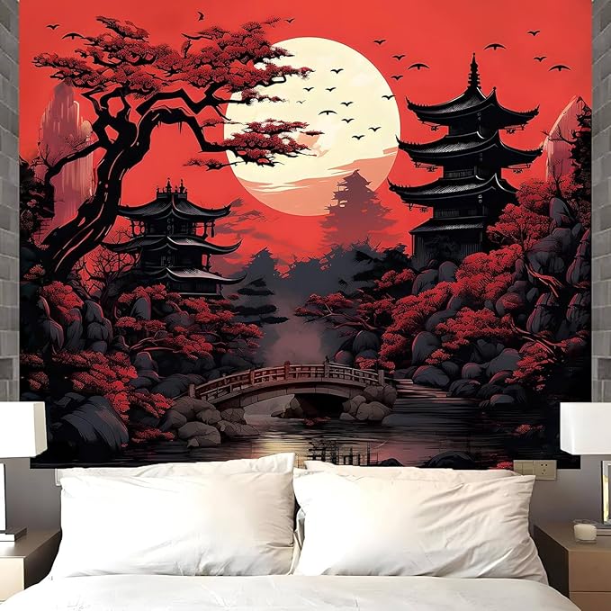 Atrippy Anime Wall Tapestry for Bedroom Aesthetic, Large Black Red Japanese Forest Moon Wall Art Decor Tapestries Wall Hanging, Vintage Dark Nature Mountain Landscape Backdrop for Living Room 60"X79"