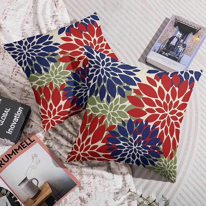Blue Green Red Pillow Covers 22X22 Inch Set of 2, Modern Dahlia Floral Print Decorative Throw Pillow Covers Outdoor Farmhouse Cushion Case for Home Couch Sofa Bed Decoration