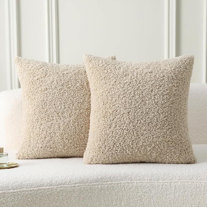 FUTEI Beige Throw Pillow Covers 24x24 Inch Set of 2,Furry Faux Fur Teddy Boucle Textured Cushion Covers,Soft Fluffy European Pillow Shams,Home Decor for Couch Bed Living Room Office Car