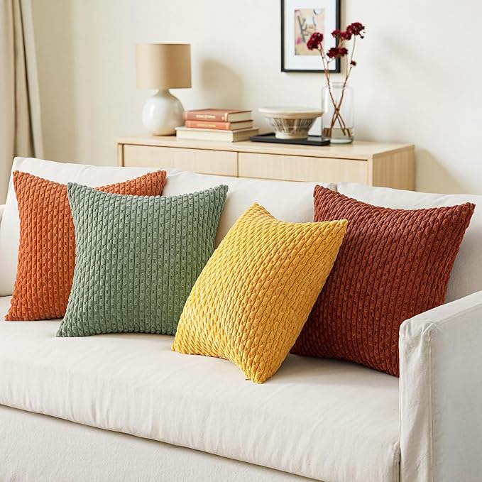 MIULEE Burnt Orange Decorative Throw Pillow Covers for Couch Modern Striped Cushion Covers Soft Corduroy Pillowcase Home Decor for Bed Sofa Living Room 20x20 Inch Set of 4 Yellow Orange