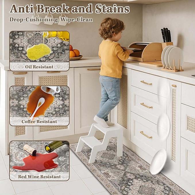 Arttown Kitchen Mats for Floor 2Pcs-Anti Fatigue Non Slip Mats for Kitchen Floor, Cushioned Waterproof & Stain-Resistant Boho Stripe Mat Set, Laundry Room, Office, Sink, Desk (Grey)