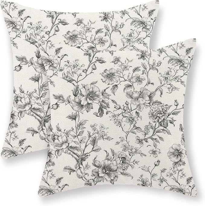 Black and Cream Pillow Covers 16x16 Set of 2 Vintage Floral Chinoiserie Throw Pillows Rustic Toile Flower Decorative Pillow Cases Outdoor Chinoiserie Decor Linen Cushion Case for Couch Sofa
