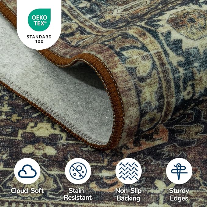 Lessymo 5x7 Washable Area Rug with Non Slip Backing,Soft Boho Indoor Carpets for Living Room Bedroom Nursery, Kid and Pet Friendly, Dark Brow