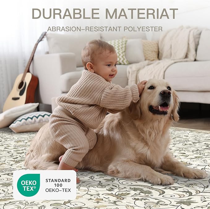 9×12 Washable Large Area Rugs for Living Room, Floral Soft Rug Non Slip Stain Resistant Carpet for Bedroom Dining Room Kitchen Farmhouse Home Decor，Beige Multi 061