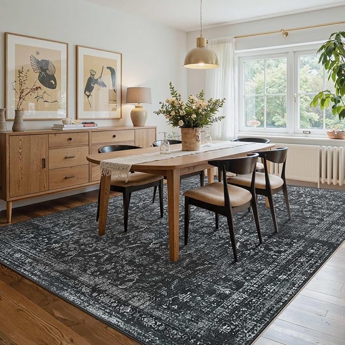 6x9 Area Rugs for Living Room Bedroom, Large Washable Rug, Black Vintage Floral Boho Style, Non Slip & Low Pile Carpet for Indoor Dining Room, Dorm and Kids Room(Black 6x9ft)