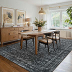 6x9 Area Rugs for Living Room Bedroom, Large Washable Rug, Black Vintage Floral Boho Style, Non Slip & Low Pile Carpet for Indoor Dining Room, Dorm and Kids Room(Black 6x9ft)