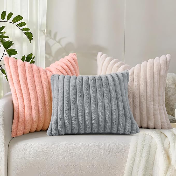 decorUhome Summer Cozy Faux Fur Throw Pillow Covers 16x16 Set of 2 Decorative Soft Plush Striped Modern Farmhouse Boho Couch Pillow Cases with Velvet Back for Sofa Bed Living Room, Beige