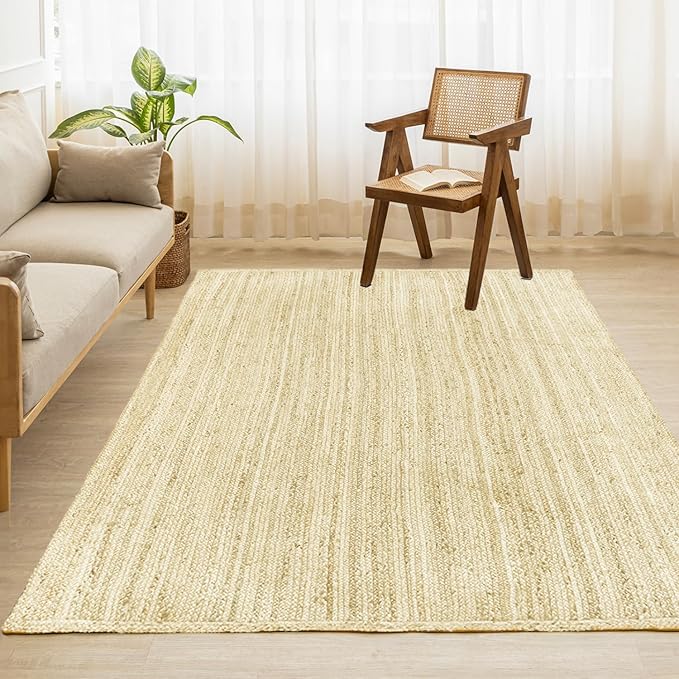 HOMEMONDE Braide Natural Jute Rug 5'x8' Boho Home Decor Area Rug - Barley White Hand Woven Rustic Vintage Reversible for Bedroom, Kitchen, Living Room, Hallway, Dining Room