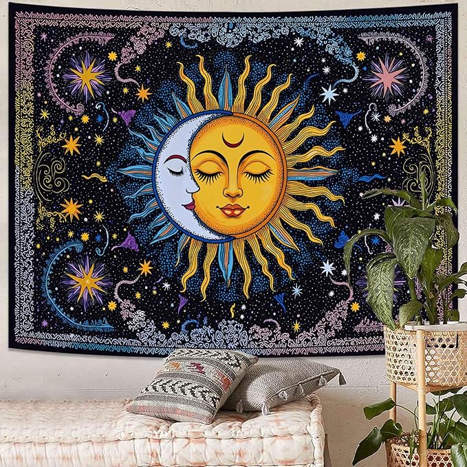 Spenlife Sun and Moon Tapestry, Celestial Couple Tapestries for Bedroom, Aesthetic Wall Decor, Starry Tapestries (60" x 44")