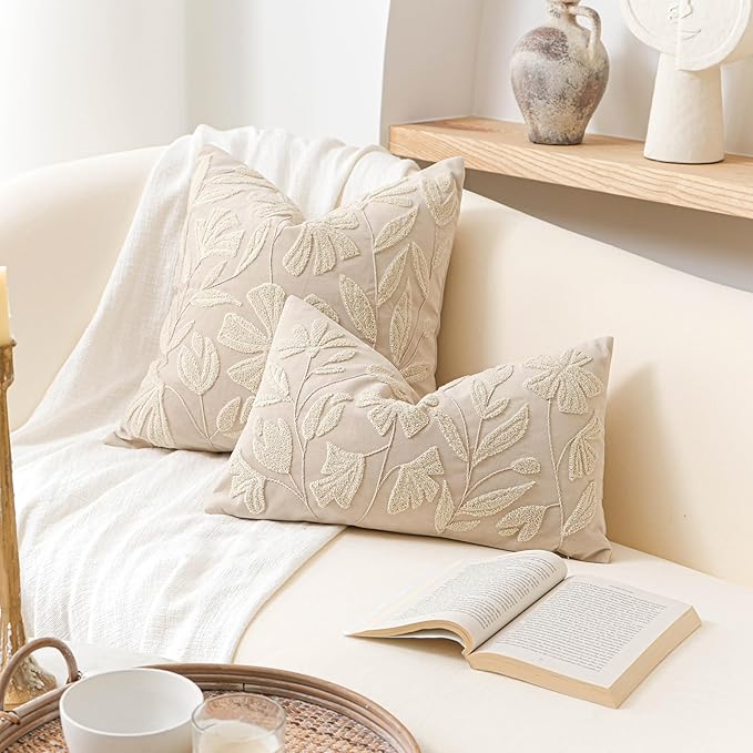 BlissBlush 20x20 Throw Pillow Cover, Square Neutral Beige Decorative Cushion Cover for Couch Sofa, Embroidered Velvet Farmhouse Accent Pillowcase (Cover Only)