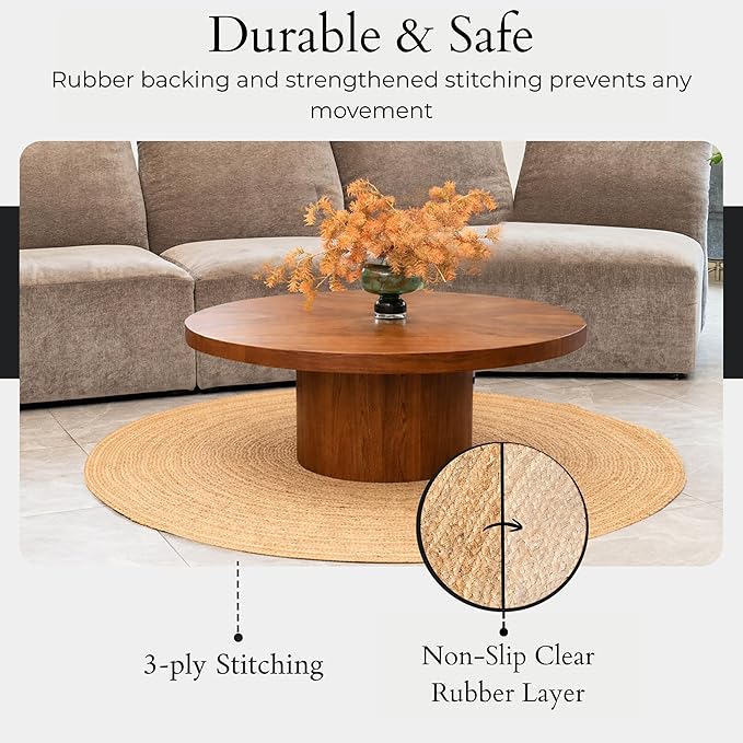 Jute Area Rug 5' Round Natural Jute Rug with Non-Slip Backing, Low-Profile Farmhouse Rug for Living Room, Bedroom or Entry, Eco-Friendly Boho Decor, Non-Shed for High-Traffic Door Mat