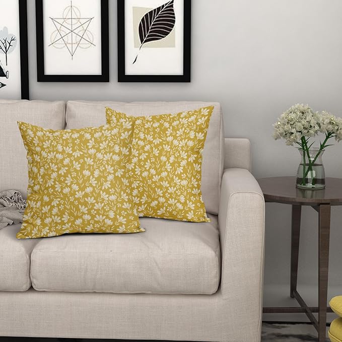 Yellow Pillow Covers 16x16 Set of 2 Vintage Floral Rustic Old Style Cute Flower Print Decorative Outdoor Pillowcases Seasonal Farmhouse Throw Cushion Case Decor for Couch Sofa Bed