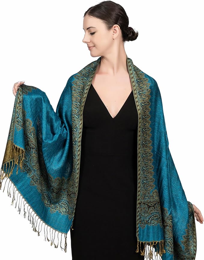 Achillea Reversible Paisley Pashmina Rave Scarf – Exotic Indian Shawls and Wraps for Evening Dresses, Festivals, All Seasons