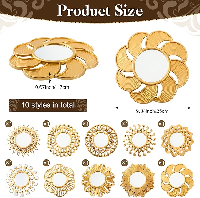 Barydat 10 Pcs Boho Gold Sun Mirrors for Wall Decor 10 Inches Plastic Decorative Wall Mirrors for Entryway Home Living Room (Modern)