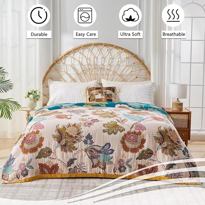 Boho Throw Blanket Farmhouse Decor Throw Blanket Bohemian Blanket for Bed 100% Cotton Muslin Woven Couch Blanket All Seasons Quilt Bedroom (Beige, 50"x60")