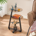 BEWISHOME Round End Table Tempered Glass Side Table with Metal Frame, Accent Table Nightstand Bedside Table with 3-Tier Shelves, Small Round Table for Living Room Bedroom Tawny KTZ41S