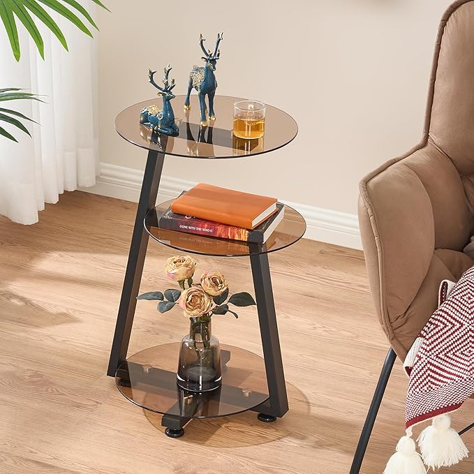 BEWISHOME Round End Table Tempered Glass Side Table with Metal Frame, Accent Table Nightstand Bedside Table with 3-Tier Shelves, Small Round Table for Living Room Bedroom Tawny KTZ41S