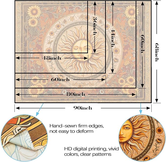 Accnicc Vintage Sun and Moon Tapestry Boho Yellow Orange Indie Wall Tapestry for Bedroom Aesthetic Sunflower Small Hippie Fall Tapestries Wall Hanging for Living Room Dorm 60 x 44 Inch