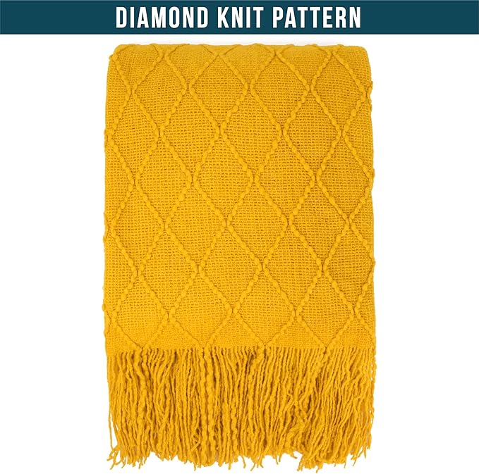 PAVILIA Mustard Yellow Knit Throw Blanket for Couch, Twin Bed, Soft Knitted Farmhouse Sofa Throw for Living Room, Lightweight Decorative Fall Blanket for Chair, Outdoor Textured Boho Blanket, 60x80