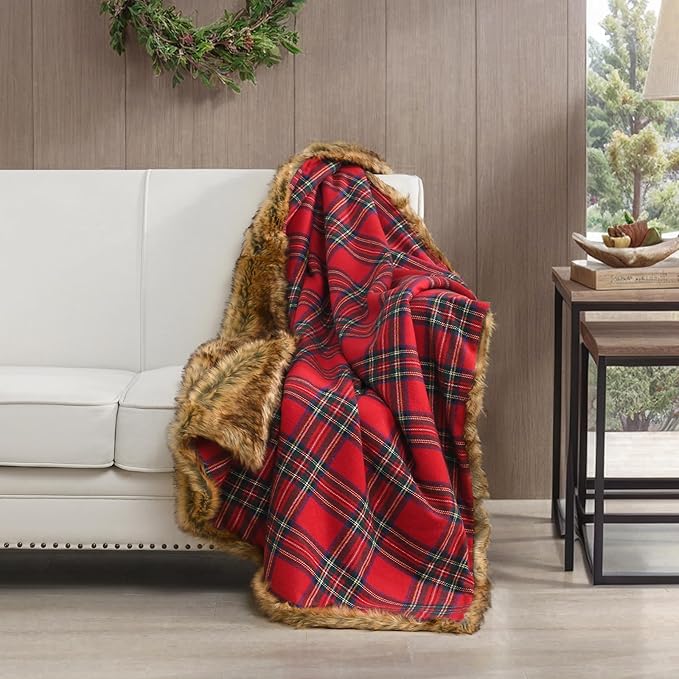 HORIMOTE HOME Luxury Plush Faux Fur Throw Blanket with Red Plaid Pattern, Super Warm, Fuzzy, Elegant, Fluffy Decoration Christmas Holiday Blanket for Couch, Armchair, Sofa and Bed, 60''x 80''
