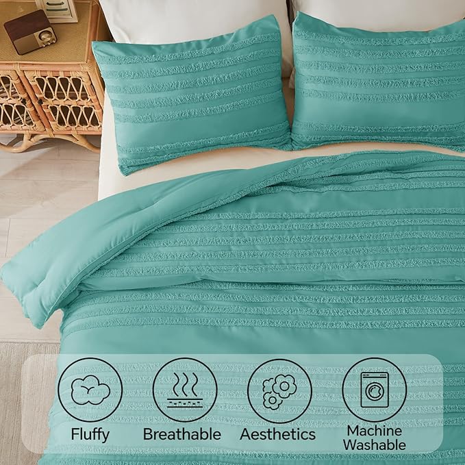 BEDELITE Boho Comforter Set Queen Size, Aqua Tufted Striped Bed Set 3 Pieces, Soft Vintage Farmhouse Comforter for All Seasons, Boho Home Decor,Fluffy Jacquard Bedding with 2 Pillow Shams