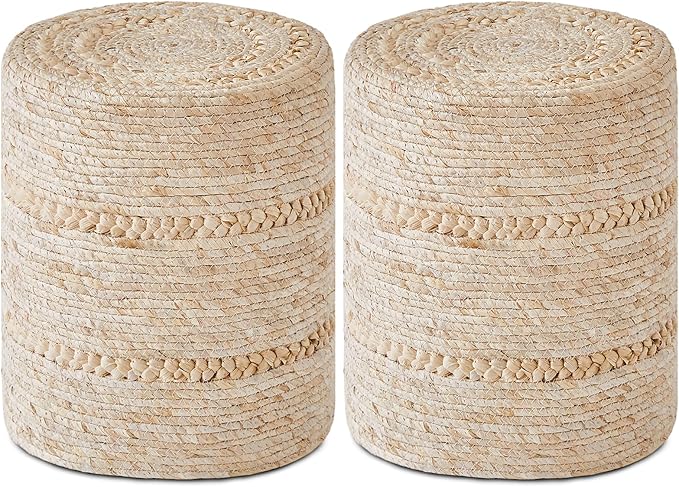 Wimarsbon 2Pcs Pouf Ottomans, Natural Seagrass Foot Stool, Hand Weaving Round Ottoman, Boho Decorative Seat, Jute Braided Pouffe Poof Accent Sitting Footrest for Living Room (Corn Husk)