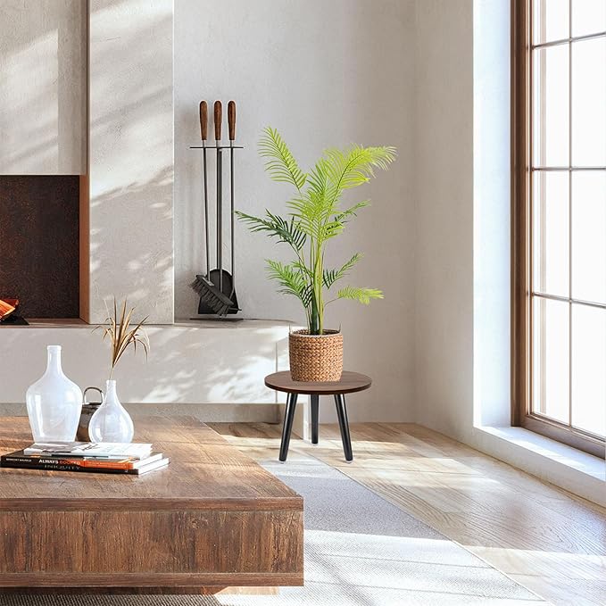 Indoor Plant Stand,Wood Mid Century Plant Table in Walnut Finish,Tall Plant Stand for Flower Pot,Modern Round Small Side End Table with Raised Design (Walnut (no Raised), 12"x10.8" 3 Pack)