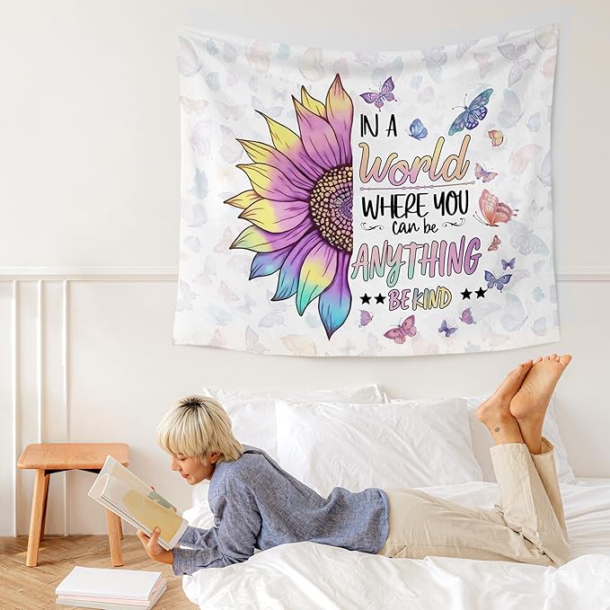 WARDOS Be Kind Sunflower Butterfly Decorations For Kids Tapestry, Inspirational Tapestry Wall Hanging, Be Kind Motivational Wall Blanket Decor for Home Living Room Bedroom Office Classroom, 50x60 Inch