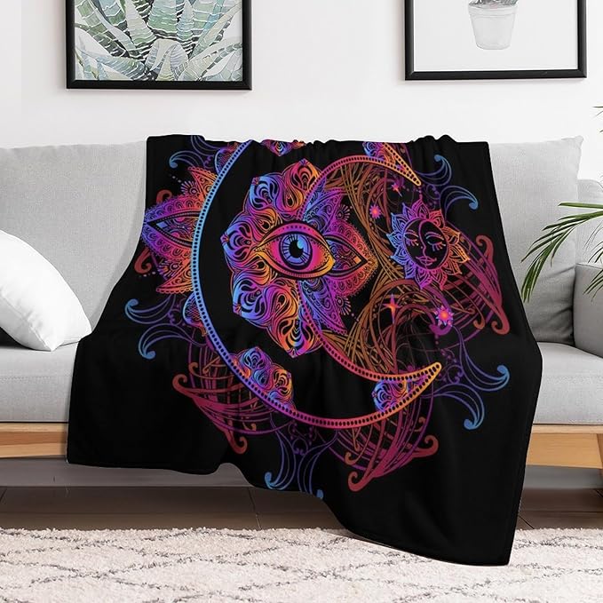 Boho Chic Throw Blanket Crescent Moon and Sun with Elements of The Mandala Pattern Blanket for Sofa Bed Couch Chair Or Dorm 60"x80"
