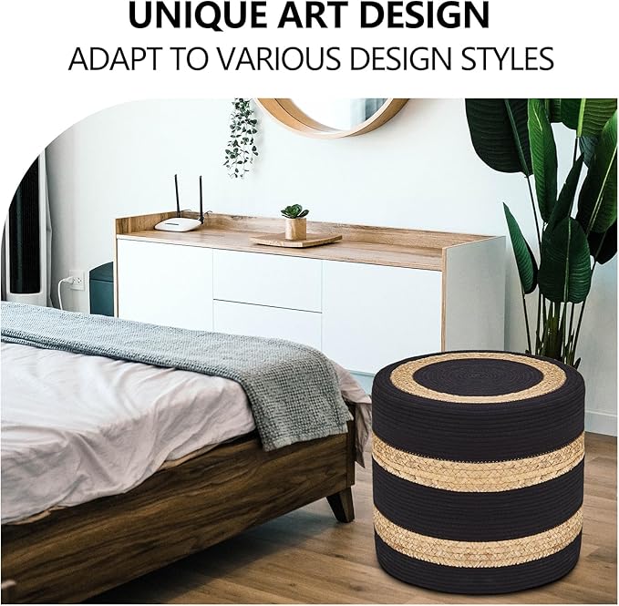 Wimarsbon 2Pcs Pouf Ottomans, Natural Seagrass Foot Stool, Hand Weaving Round Ottoman, Boho Decorative Seat, Jute Braided Pouffe Poof Accent Sitting Footrest for Living Room (18inch 68LH)