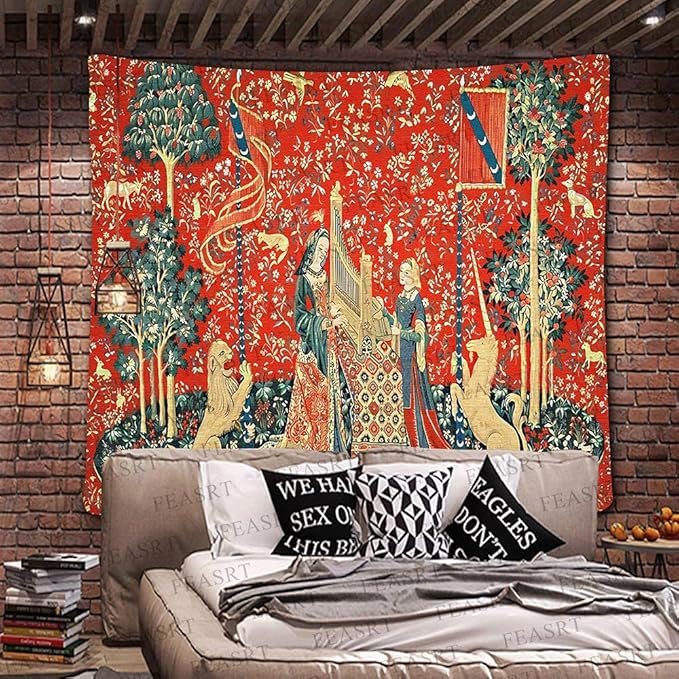 FEASRT Bohemian Tapestry - Medieval Maiden and Unicorn, 60x60 Inches Soft Flannelette, for Bedroom Living Room