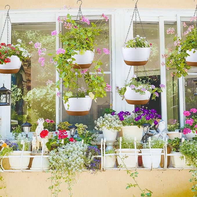 Remerry 6 Pcs 10 Inch Hanging Planter Hanging Plant Pot Plastic Round Hang Baskets for Plants Indoor Flower Pot with Drainage Holes Removable Trays for Garden Home Patio(White)