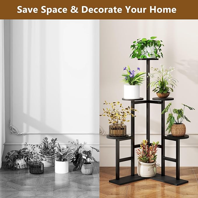 IBUYKE 6 Tier Plant Stand Indoor, Tall Flower Pot Stand for Multiple Plants, Tiered Corner Plant Shelf for Living Room Patio Balcony Garden, , Black TMJ072B
