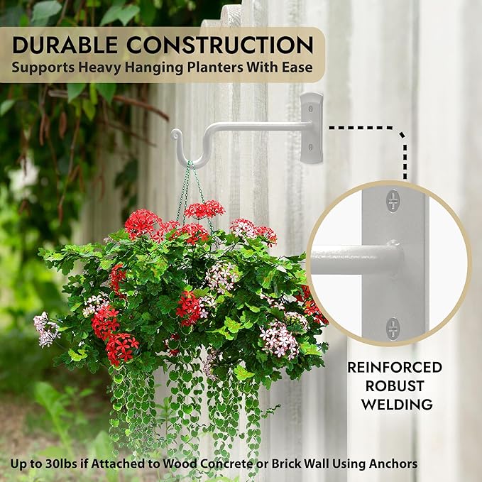 RTZEN Plant Hangers Outdoor or Indoor - Wrought Iron Metal Hanger Indoor Hook - Heavy Duty Wall Bracket Hooks for Hanging Plants Baskets Lanterns Wind Chimes - 2 Pack (White Shepherds Hooks 10")