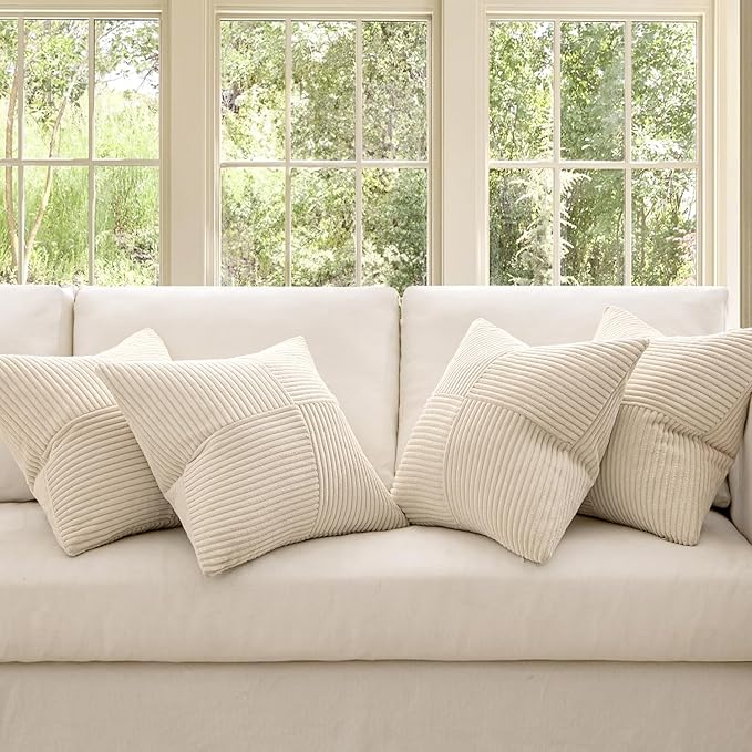 MIULEE Beige Throw Pillow Covers 20x20 Inch Set of 4 Boho Patchwork Cushion Cases Modern Farmhouse Pillow Cases with Invisible Zipper Corduroy Striped Home Decor for Couch Sofa Bedroom