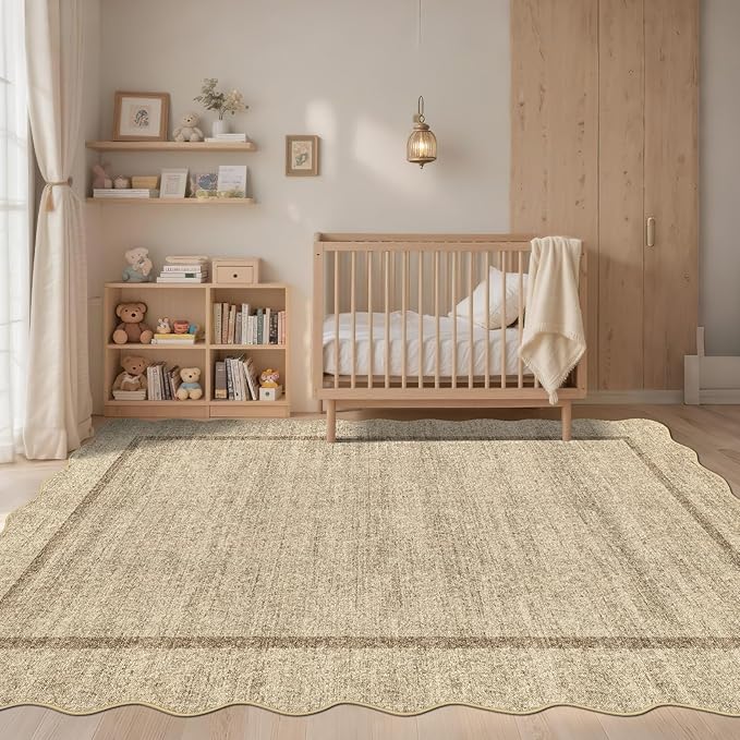 GarveeHome Scalloped Washable Rug 5x7 Area Rugs for Living Room Modern Non Slip Throw Rugs Bedroom Rugs Low Pile Soft Non Shedding Stain Resistant Carpet for Dining Room Nursery 5 ft x7 ft Jute