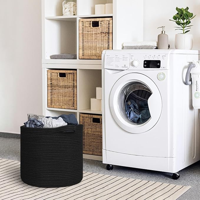 Large Black Storage Basket, 16" x 14" Cotton Rope Baskets for Storage, Blanket Storage Living Room, Big Woven Laundry Basket, Dog Kids Toy Box Organizer, Round Floor Shoe Towel Bin