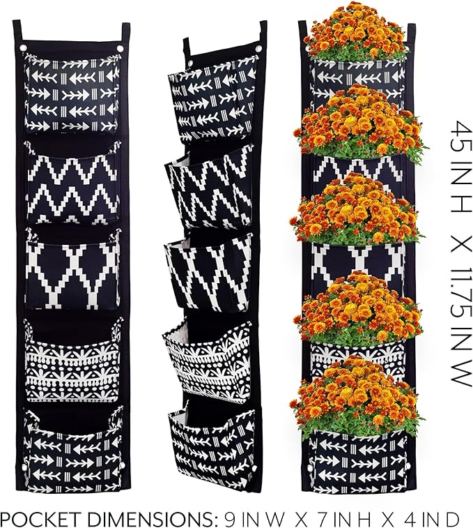 Boho Fabric Hanging Planter (3 Sets of 5 Pockets); Vertical Hanging Herb/Flower Planter