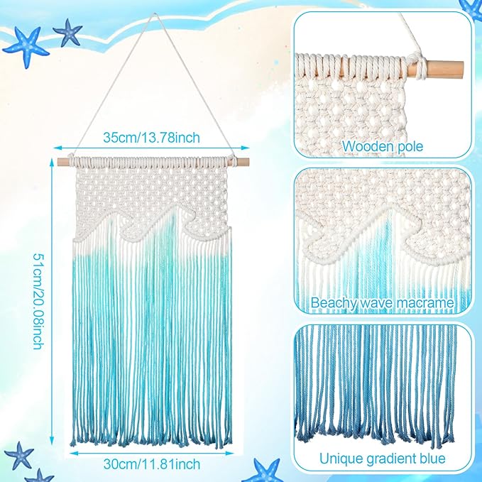 Bucherry Beach Wave Hanging Tassels Decor 14" x 20" Ocean Macrame Wall Hanging Coastal Tapestry Wall Art for Beach Themed Seafaring Living Room Bedroom Home Decoration