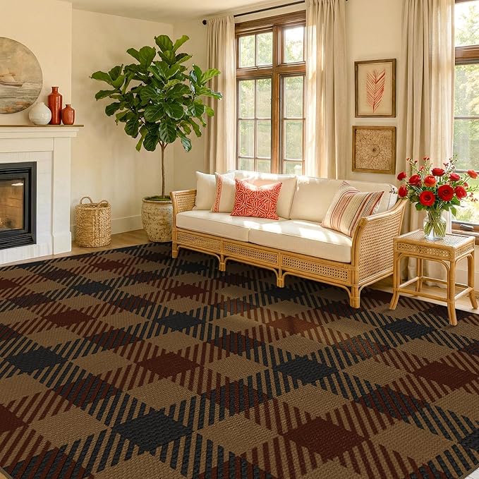 JTJ Vintage Large Plaid Area Rug for Living Room - Classic 8x10 Easy Jute Classic Brown and Red Rug for Bedroom, Dining Room, Outdoor Porch, Neutral Dark Brown Retro Décor
