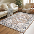 Lessymo 4 x 6 Area Rugs for Living Room- Machine Washable Area Rugs Boho Faux Wool Low Pile Area Rug for Bedroom, Floral Medallion Vintage Rugs Kid & Pet Friendly, Brown Beige