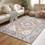 Lessymo 4 x 6 Area Rugs for Living Room- Machine Washable Area Rugs Boho Faux Wool Low Pile Area Rug for Bedroom, Floral Medallion Vintage Rugs Kid & Pet Friendly, Brown Beige